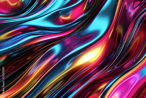 Abstract dynamic background with glossy colored waves  sleek metallic finish  rainbow vibes  and bright colors