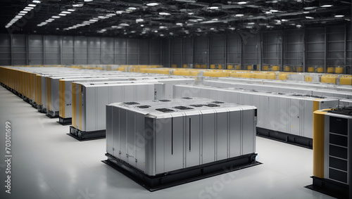 Futuristic energy storage systems such as advanced batteries or grid-scale storage facilities, showcasing how energy storage contributes to sustainability. Copy space.