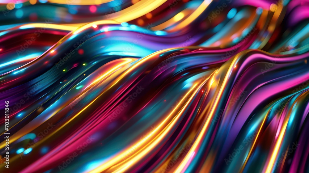 Abstract backdrop with a sleek metallic finish, fabric texture with glossy colored waves, and a vibrant spectrum of bright colors giving off rainbow vibes