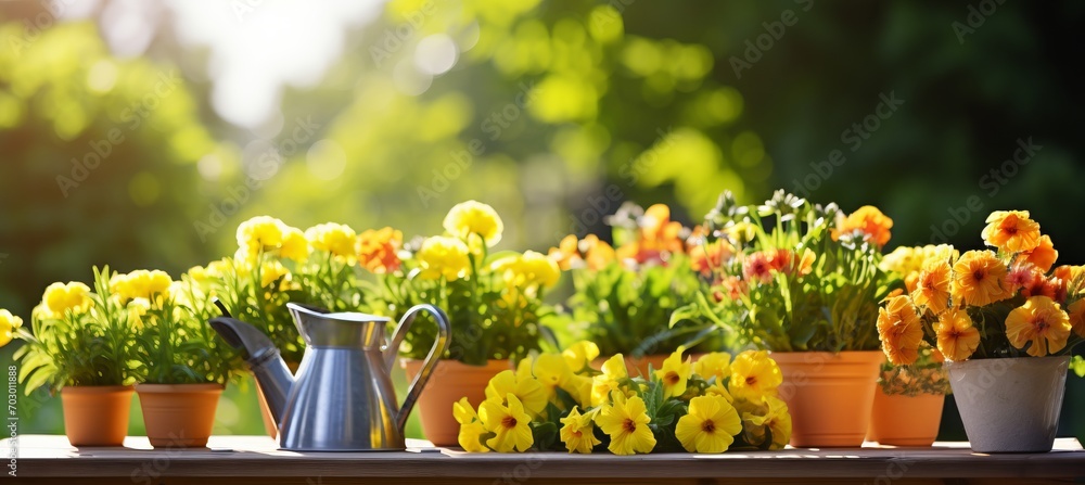 Fototapeta premium Gardening tools and flowerpots in a beautiful sunny garden essential equipment for every gardener