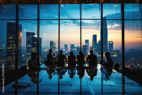 Corporate meeting in a high-rise building overlooking the city