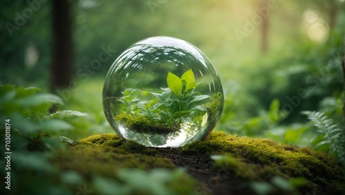 Glass sphere in nature, outdoors, with plants. Minimal abstract nature and season concept. Environmental protection idea. Copy space.