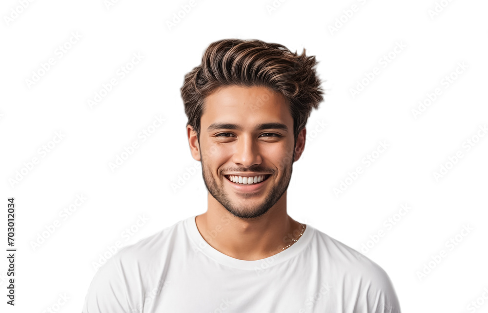 Happy young guy in a white T-shirt isolated modern Happy young guy in a white T-shirt isolated modern