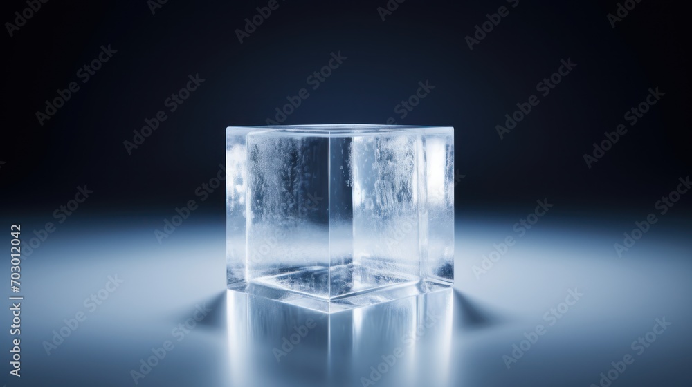 an ice cube sitting in the middle of a dark room with a bright light coming through the top of it. an ice cube sitting in the middle of a dark room with a bright light coming through the top of it.