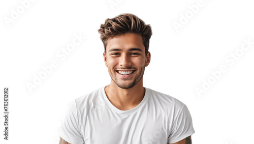 Happy young guy in a white T-shirt isolated style