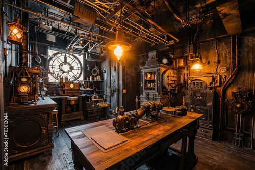 Enigmatic escape room set in a steampunk-themed inventor's lab