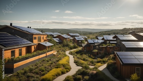 A community powered entirely by solar panels, showcasing rooftops adorned with solar arrays and a landscape of energy-efficient homes, emphasizing sustainable living. Copy space. photo