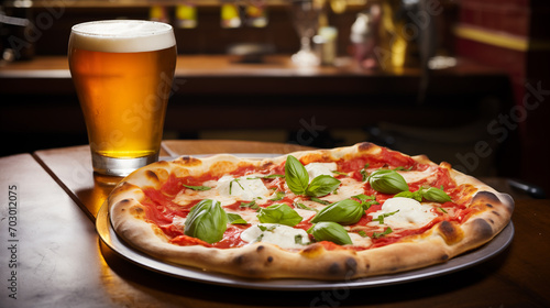 Pizza con pomodoro, mozzarella, basilico e una birra fresca in una pizzeria in Italia	 photo
