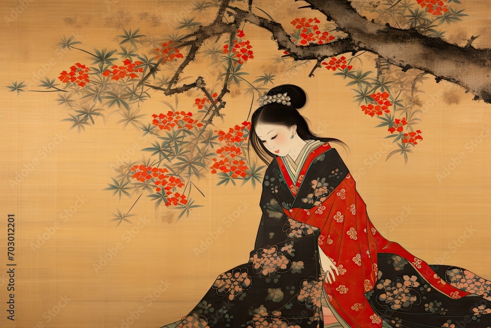 japanese art female, edo period  - obrazy, fototapety, plakaty 