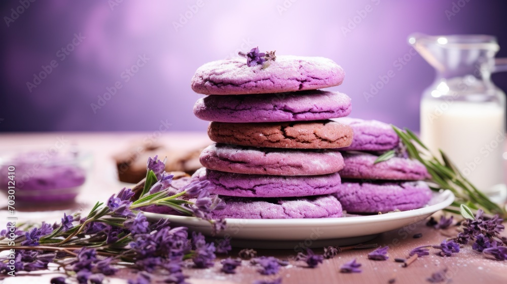 a stack of purple cookies sitting on top of a white plate next to a glass of milk and a bottle of milk. a stack of purple cookies sitting on top of a white plate next to a glass of milk and a bottle of milk.