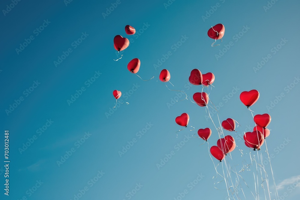 Heart-shaped balloons soaring into a clear blue sky, symbolizing the uplifting and freeing nature of love