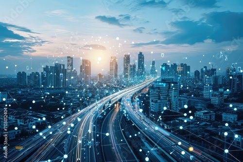 Futuristic smart city with interconnected devices and autonomous vehicles photo