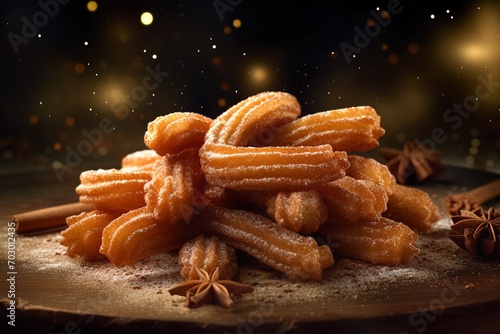 closeup of a of sweet hot churros with stars anise , spanish pastry on blurred background