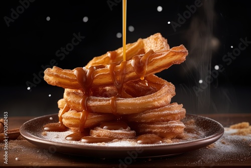 closeup of a plate of sweet hot churros, spanish pastry topped with caramel