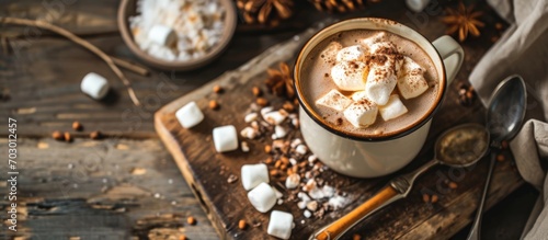 Wooden board with hot cocoa and mini marshmallows photo