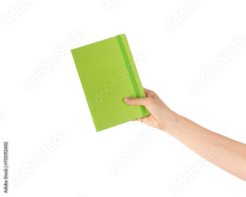 Hand showing green notebook, holding textbooks or organizers, education, reading literature. Indoor studio shot isolated on transparent png background with clipping paths. 