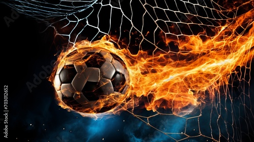 Fiery soccer ball flying into the goal with burning net in flames, dramatic sports concept