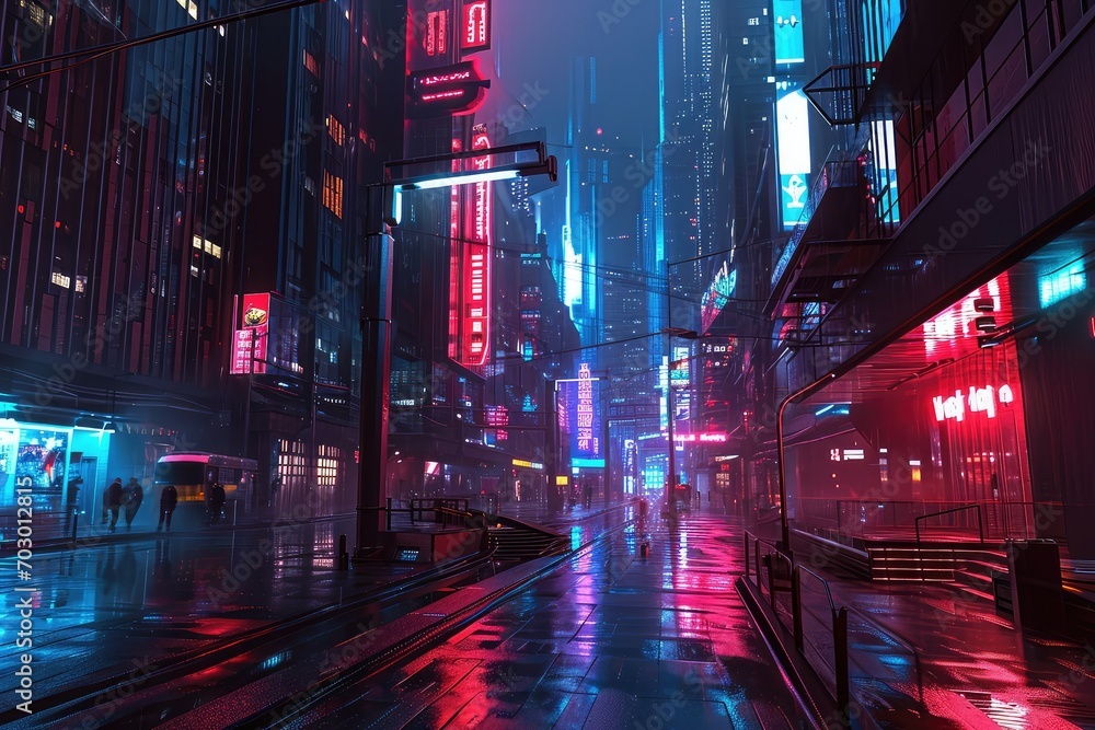 Neon-lit cyberpunk cityscape with futuristic skyscrapers and holograms