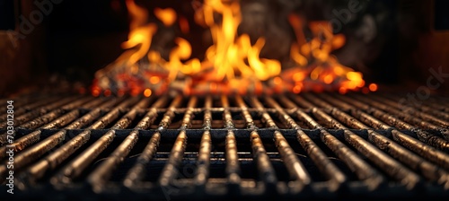 Empty barbecue grill with fiery flames on black background outdoor cooking and grilling concept
