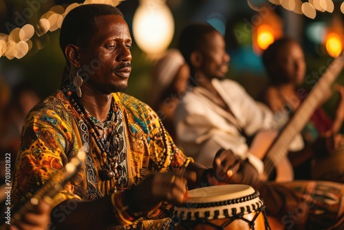 Musicians from around the world, each playing traditional instruments from their homelands, creating a symphony of cultural harmony.