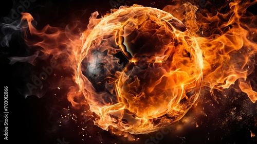 Fiery soccer ball flying into the goal with flaming net in a spectacular display of sportsmanship