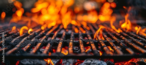 Empty grill with fiery flames on black background  empty fire grid for outdoor cooking photo