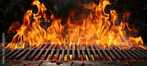 Empty barbecue grill with flaming fire, close up of empty fire grid on black background