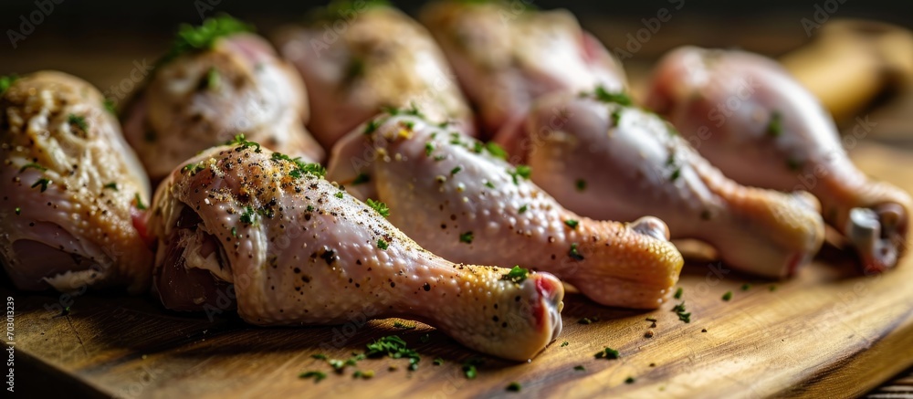 Selective focus on fresh raw chicken legs arranged in a row on a wooden cutting board in a close-up.