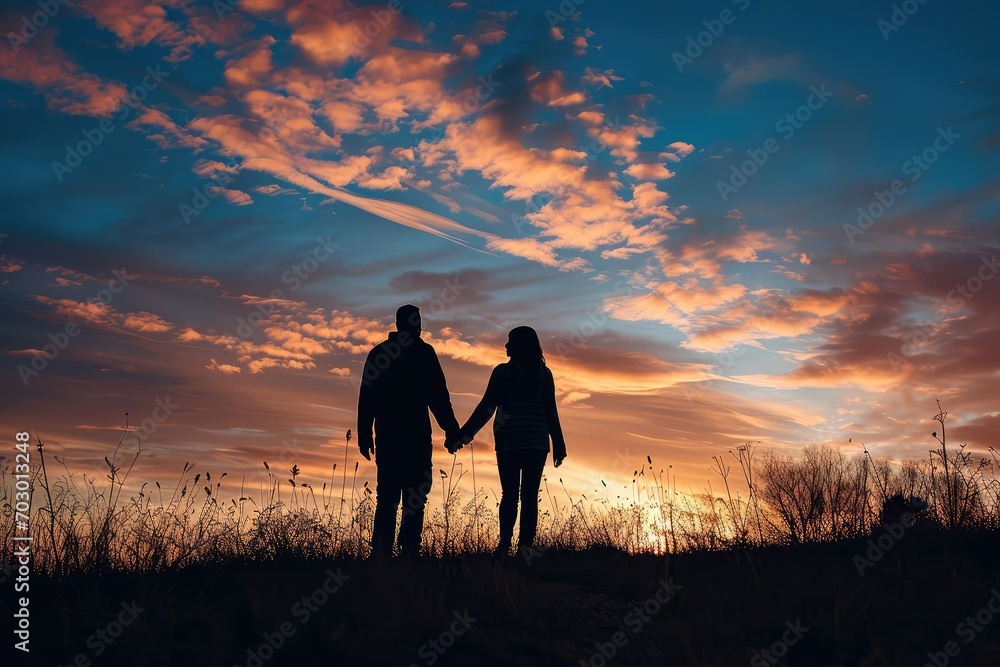 Silhouettes of couples holding hands against a sunset sky, a romantic and serene depiction of love and companionship