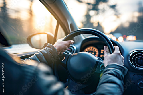 Unrecognizable person driving car. Close up image to steering wheel