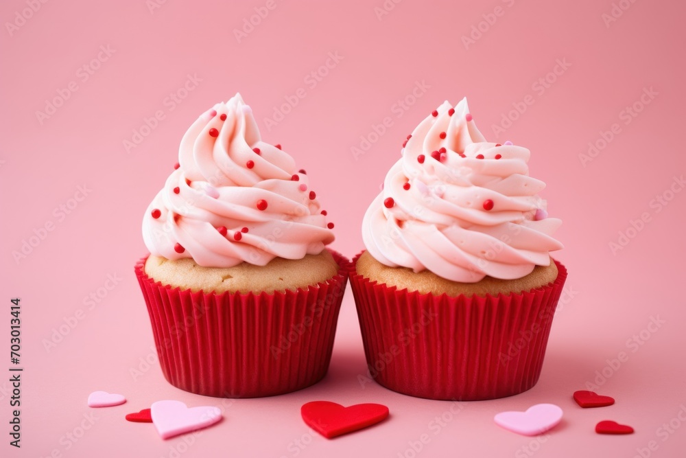 Valentines Day two cupcakes with whipped cream decorated red sprinkles on pink background. 