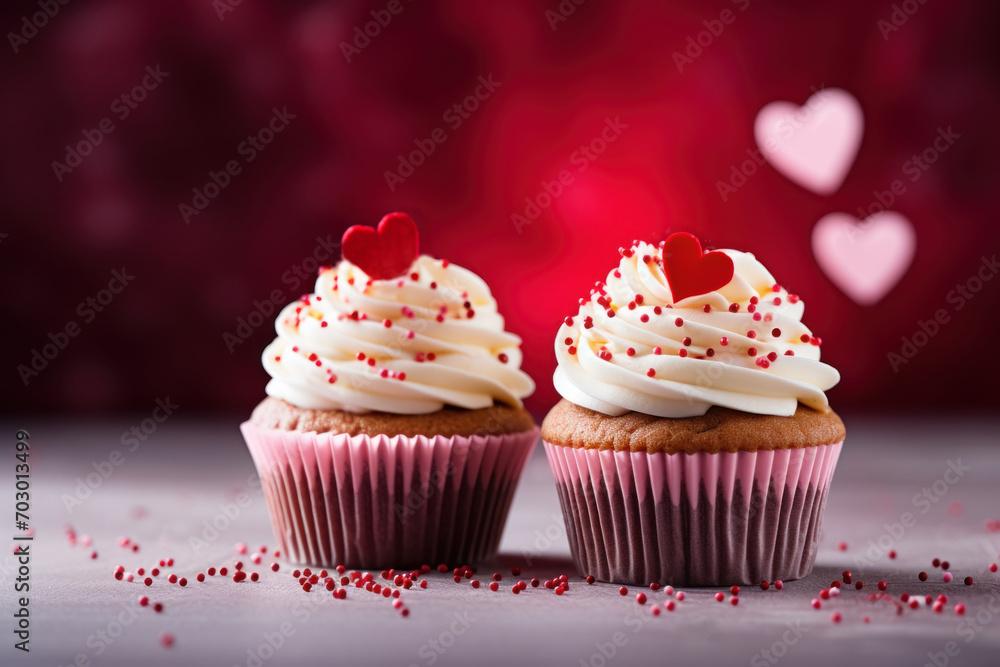 Valentines Day two cupcakes decorated whipped cream, sprinkles and red hearts isolated on pink bokeh background. Copy space. Greeting card.
