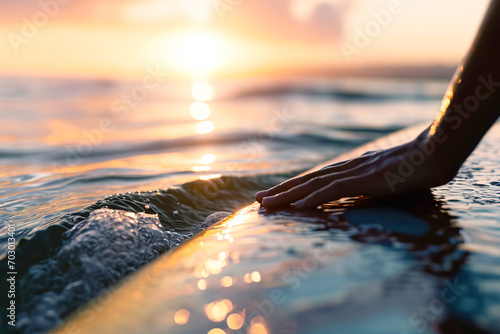 Hand holding a surfboard close up image. Sunset view as background