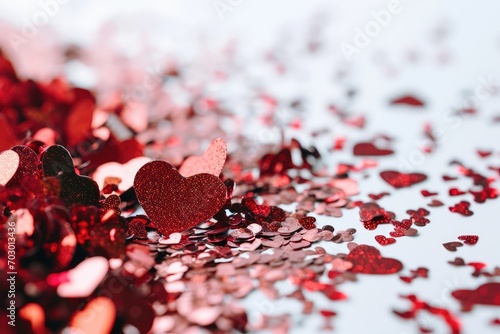Sparkling heart-shaped confetti sprinkled over a white background, a festive and joyous celebration of love