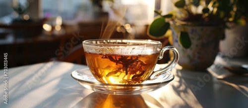 Sunrise herbal tea in a glass cup on a white table. photo