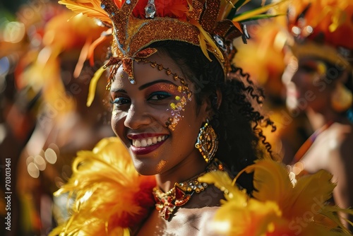 Spirited samba dancers at a vibrant Brazilian carnival