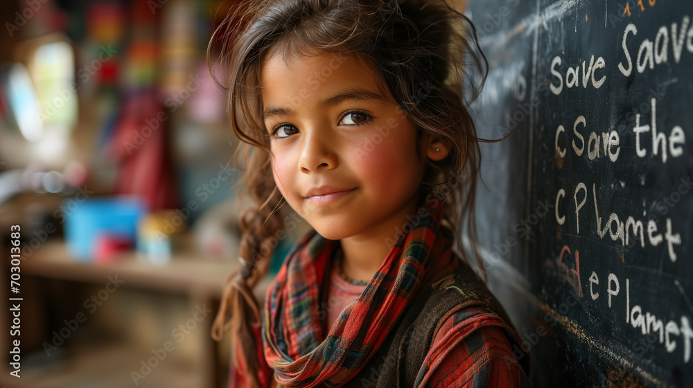Bambina di origini indiane in una scuola elementare con la scritta Save the Planet sulla lavagna. Bambina di origini indiane in una scuola elementare con la scritta Save the Planet sulla lavagna.