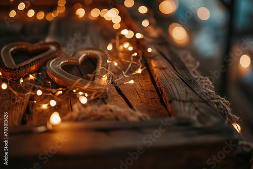 Twinkling fairy lights wrapped around a rustic wooden frame, creating a cozy and inviting space for heartfelt declarations copy-space photo