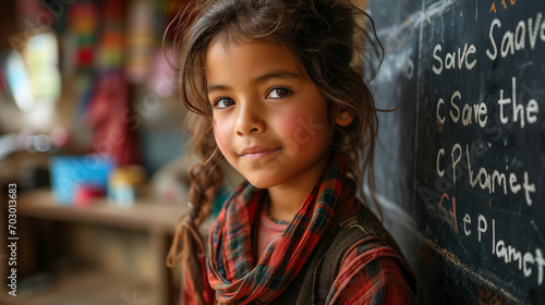 Bambina di origini indiane in una scuola elementare con la scritta Save the Planet sulla lavagna. photo