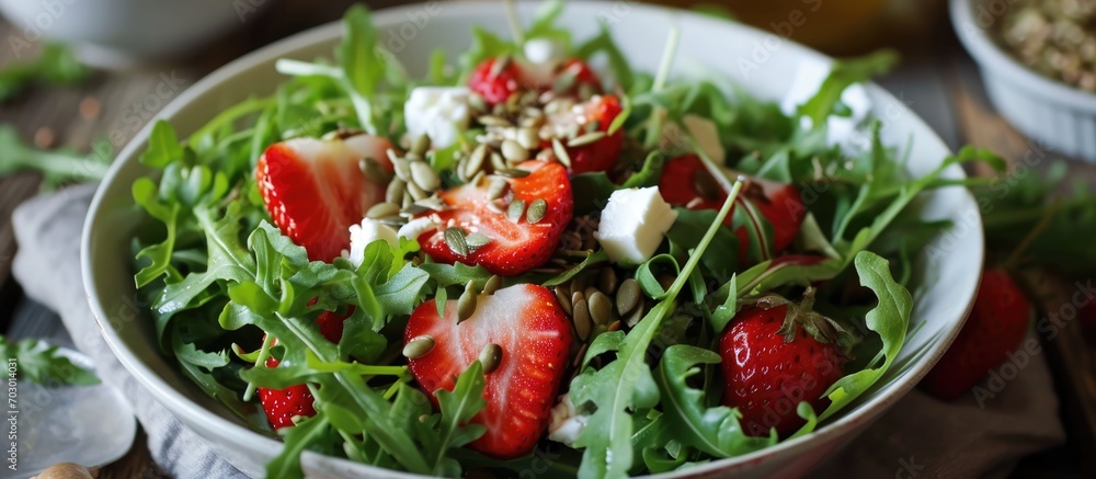 Fresh, green salad with rocket, strawberries, feta, and assorted seeds.