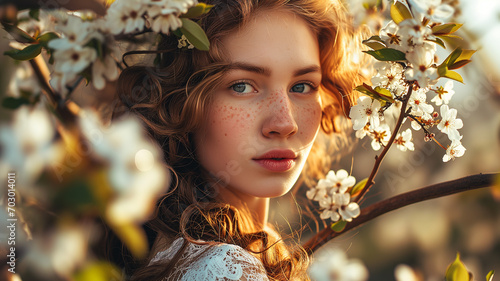 portraoit of beautiful young woman with flowers, spring fashion, ai generated photo