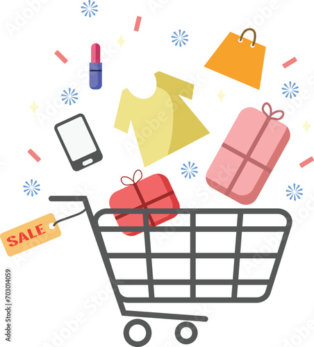 Professionally drawn shopping cart illustration on white background purchasing concept