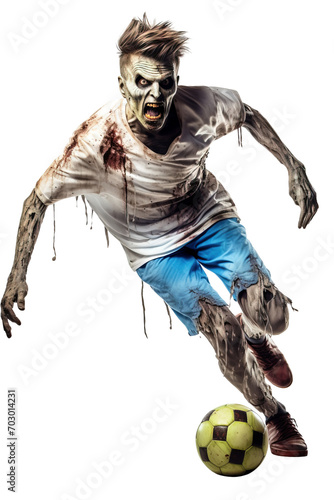 Zombie footballer playing running over white transparent background