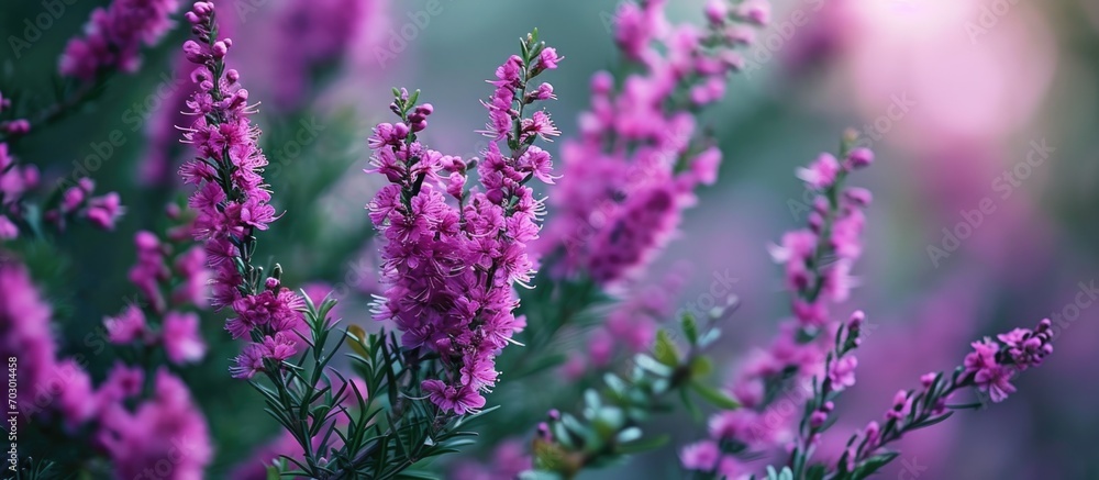 Obraz premium Magenta flowers of Erica cinerea kerry cherry in closeup.
