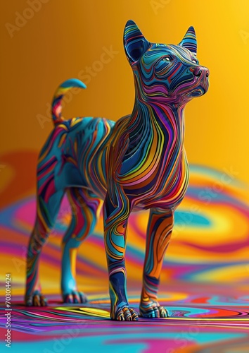 A vibrant 3D avatar of a dog covered in vibrant, abstract patterns, resembling a walking work of art