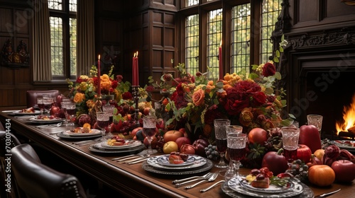 Medieval castle banquet with wooden tables, candles, and decadent feasts in golden sunlight. photo