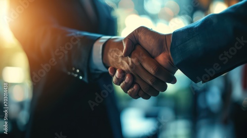 Businessmen shaking hands to symbolize successful negotiations for a business merger and acquisition teamwork photo