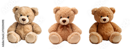 Three different traditional teddy bears over white transparent background
