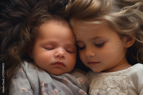 Baby closeup. Sibling relationship in family when youngest was born. First meeting baby and toddler older sister. Young girl tenderly hugging her newborn while lying on bed at home together. Top view.