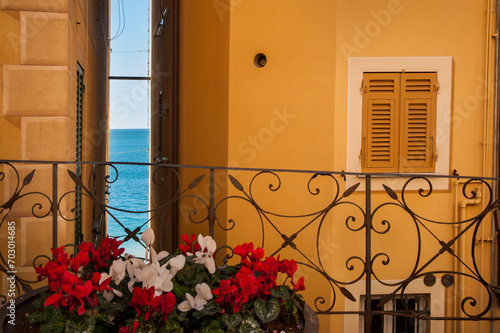 old street with a yellow facade with shutters, cyclamen and wrought iron rail...